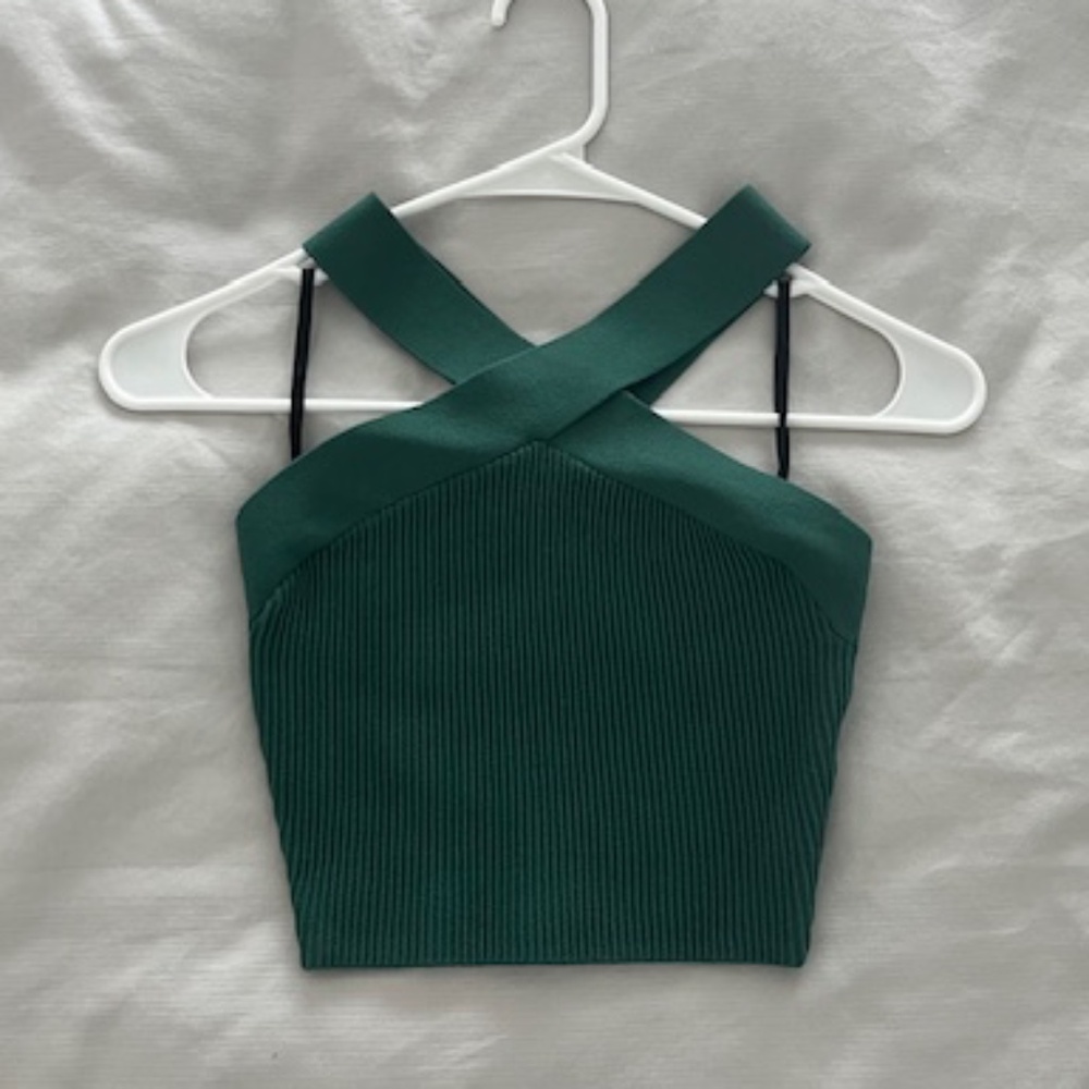 NWOT Aritzia Babaton Sculpt Knit Criss Cross Cropped Tank Forest Green XS Ribbed